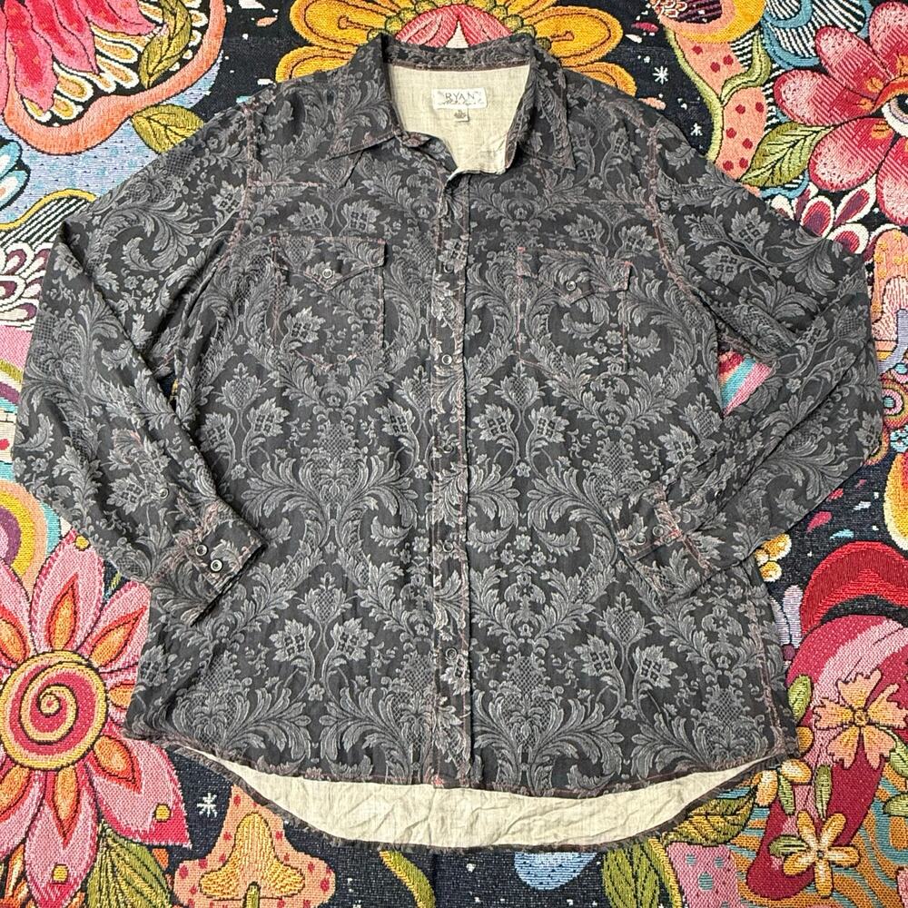 Ryan Michael Silk Cotton Print Snap Up Shirt Southern Gothic Cowboy Grunge XL
